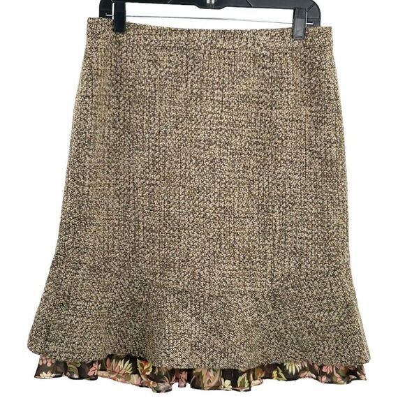 Ann Taylor Dresses & Skirts - Loft Women Tweed Texture Flounce Skirt Brown Floral Hem Accent Size 8 Wool Blend